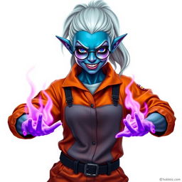 A hobbit-sized tiefling woman dressed in an orange and grey prison jumpsuit, featuring icy blue skin and striking white hair styled in a ponytail