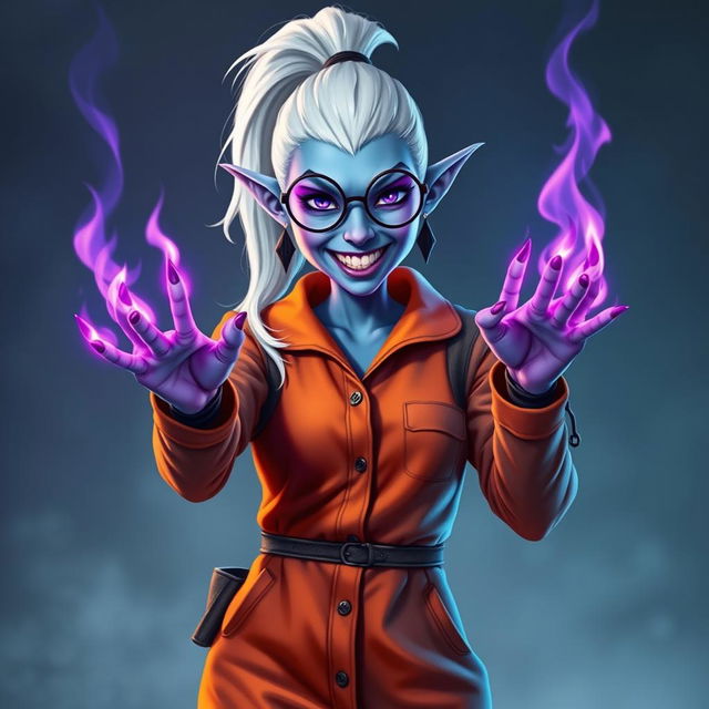 A hobbit-sized tiefling woman dressed in an orange and grey prison jumpsuit, featuring icy blue skin and striking white hair styled in a ponytail