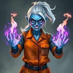 A hobbit-sized tiefling woman dressed in an orange and grey prison jumpsuit, featuring icy blue skin and striking white hair styled in a ponytail