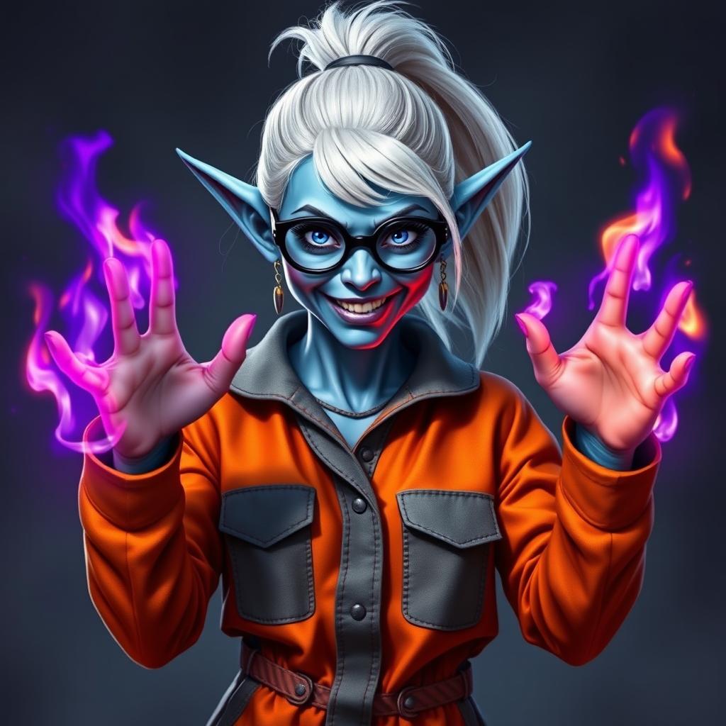 A hobbit-sized tiefling woman dressed in an orange and grey prison jumpsuit, featuring icy blue skin and striking white hair styled in a ponytail