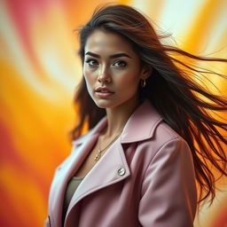 A stunning portrait of a young woman with striking features, inspired by the fashion styles of Celine Dept