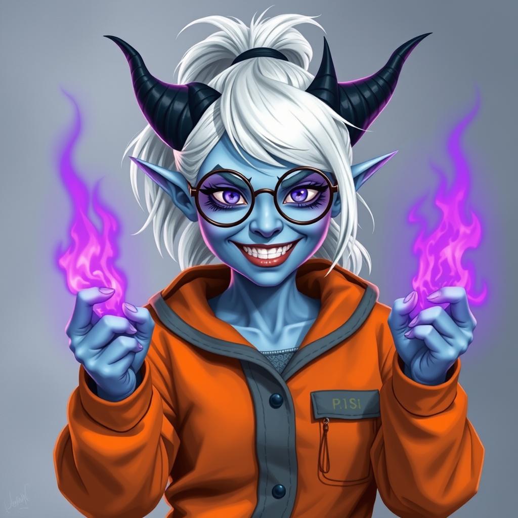 A hobbit-sized tiefling woman dressed in an orange and grey prison jumpsuit, featuring icy blue skin and dark blue devil-like horns