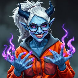 A hobbit-sized tiefling woman dressed in an orange and grey prison jumpsuit, featuring icy blue skin and dark blue devil-like horns