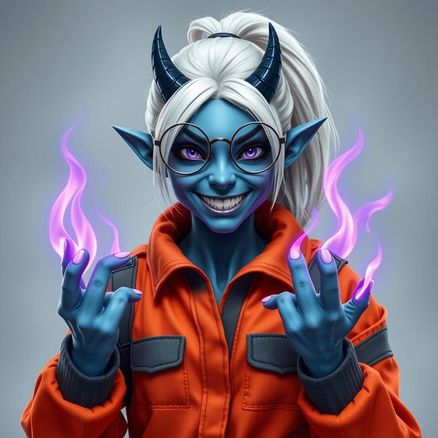 A hobbit-sized tiefling woman dressed in an orange and grey prison jumpsuit, featuring icy blue skin and dark blue devil-like horns