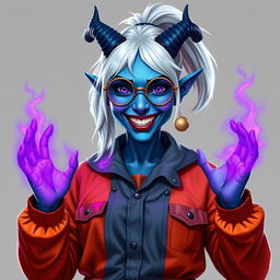A hobbit-sized tiefling woman dressed in an orange and grey prison jumpsuit, featuring icy blue skin and dark blue devil-like horns
