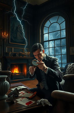 An atmospheric murder mystery scene set in an elegant, dimly lit Victorian mansion's study