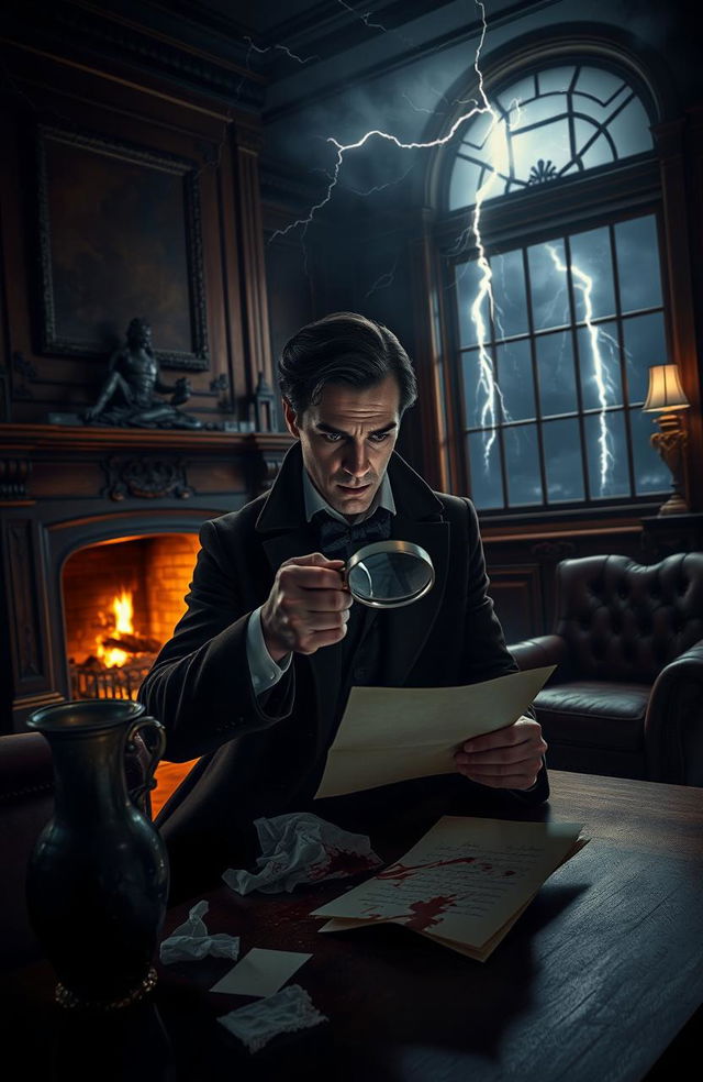 An atmospheric murder mystery scene set in an elegant, dimly lit Victorian mansion's study