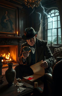 An atmospheric murder mystery scene set in an elegant, dimly lit Victorian mansion's study