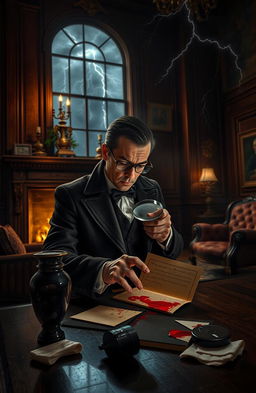 An atmospheric murder mystery scene set in an elegant, dimly lit Victorian mansion's study