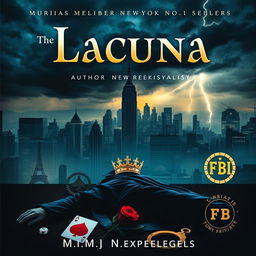 A captivating murder mystery book cover featuring the title 'Lacuna' prominently displayed at the top in bold, elegant typography