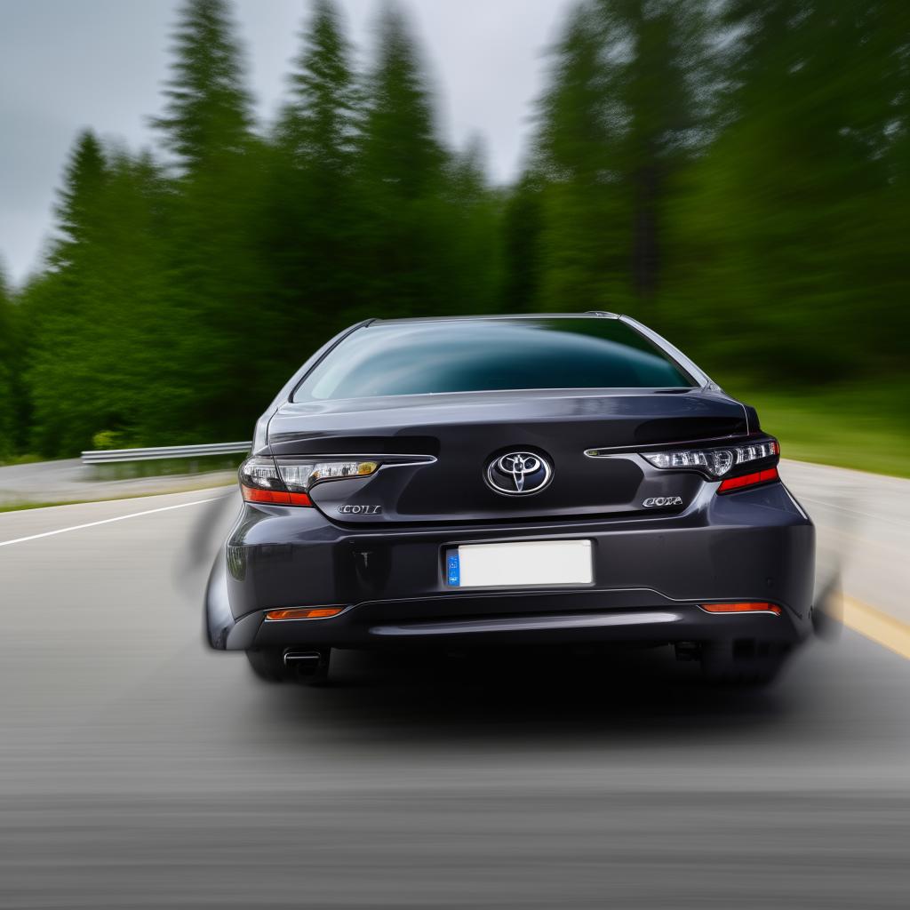 A fast-moving Toyota Corolla in motion, its wheels turning at high speed, creating a blur effect, over an asphalt road.