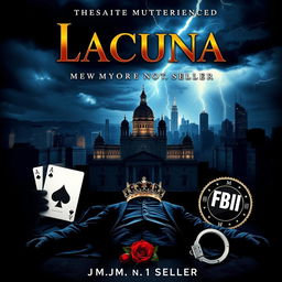 A captivating murder mystery book cover featuring the title 'Lacuna' prominently displayed at the top in bold, elegant typography