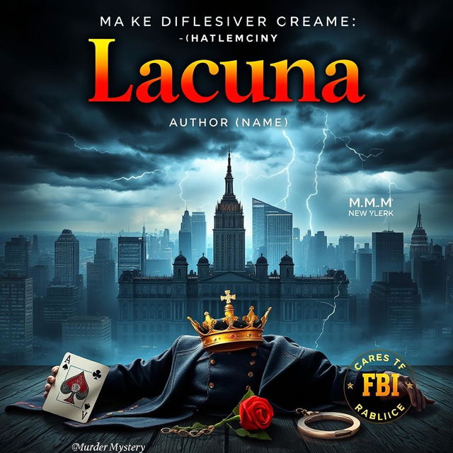 A captivating murder mystery book cover featuring the title 'Lacuna' prominently displayed at the top in bold, elegant typography