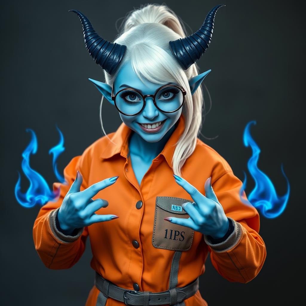 A hobbit-sized tiefling woman dressed in an orange and grey prison jumpsuit, featuring icy blue skin and two distinctive dark blue devil-like horns