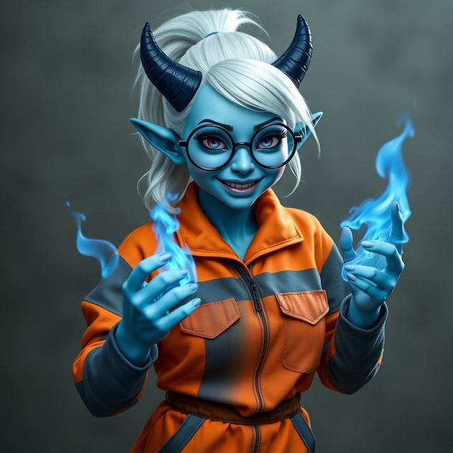 A hobbit-sized tiefling woman dressed in an orange and grey prison jumpsuit, featuring icy blue skin and two distinctive dark blue devil-like horns