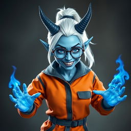 A hobbit-sized tiefling woman dressed in an orange and grey prison jumpsuit, featuring icy blue skin and two distinctive dark blue devil-like horns