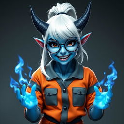 A hobbit-sized tiefling woman dressed in an orange and grey prison jumpsuit, featuring icy blue skin and two distinctive dark blue devil-like horns