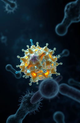 A dark, clinical background resembling a high-tech laboratory, with a subtle pattern of crystal lattice or nanostructures