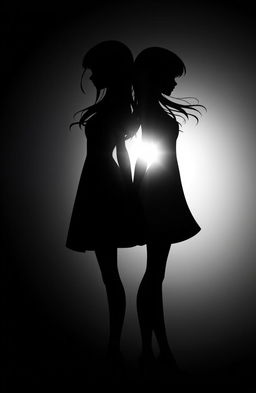 Two silhouettes of two girls standing back-to-back, intertwined and holding hands
