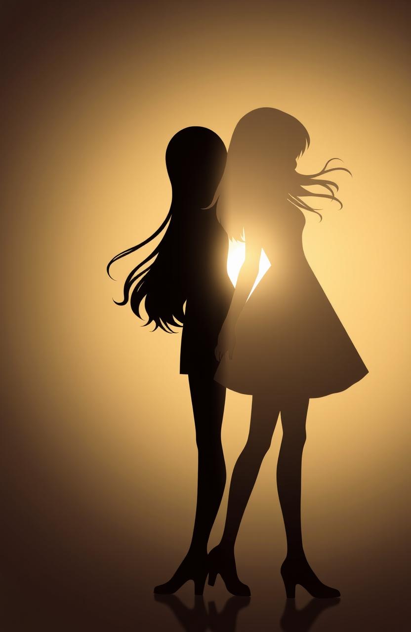 Two silhouettes of two girls standing back-to-back, intertwined and holding hands