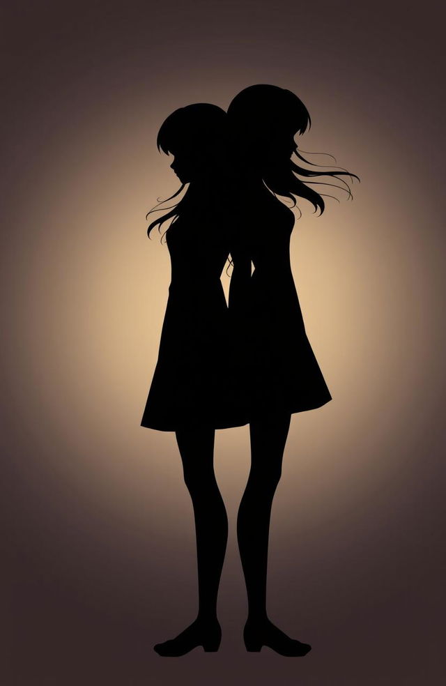 Two silhouettes of two girls standing back-to-back, intertwined and holding hands