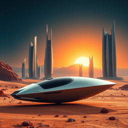 A breathtaking scene of futuristic architecture featuring sleek, towering skyscrapers built in a desert landscape, set against the backdrop of a new colony on Mars