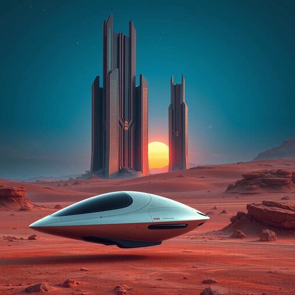 A breathtaking scene of futuristic architecture featuring sleek, towering skyscrapers built in a desert landscape, set against the backdrop of a new colony on Mars