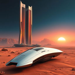 A breathtaking scene of futuristic architecture featuring sleek, towering skyscrapers built in a desert landscape, set against the backdrop of a new colony on Mars