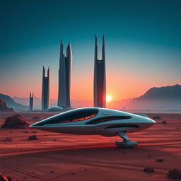A breathtaking scene of futuristic architecture featuring sleek, towering skyscrapers built in a desert landscape, set against the backdrop of a new colony on Mars