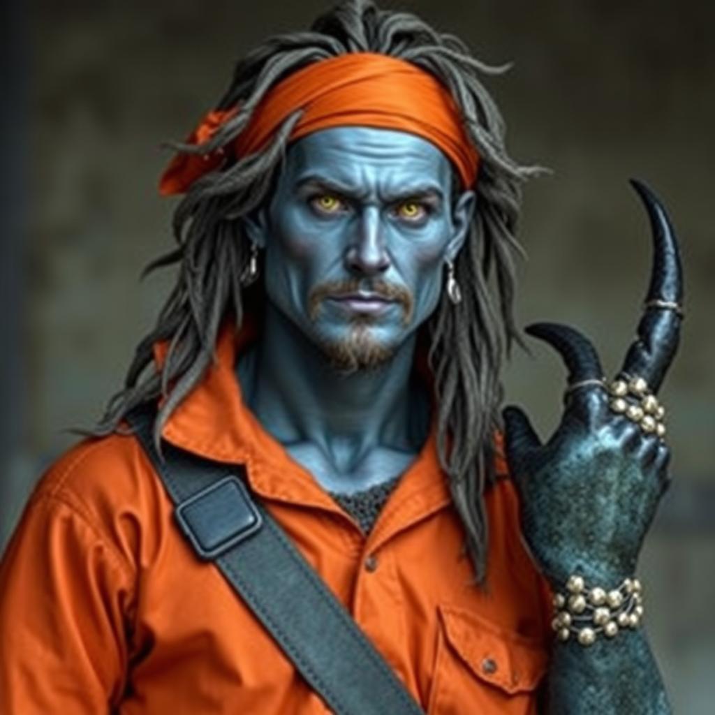 A pirate-looking man clad in an orange and grey prison jumpsuit, featuring blue-grey skin that gives him a unique appearance