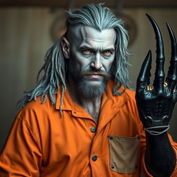 A pirate-looking man clad in an orange and grey prison jumpsuit, featuring blue-grey skin that gives him a unique appearance