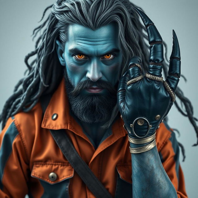 A pirate-looking man clad in an orange and grey prison jumpsuit, featuring blue-grey skin that gives him a unique appearance