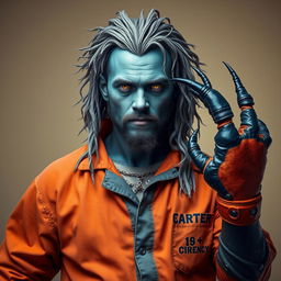 A pirate-looking man clad in an orange and grey prison jumpsuit, featuring blue-grey skin that gives him a unique appearance