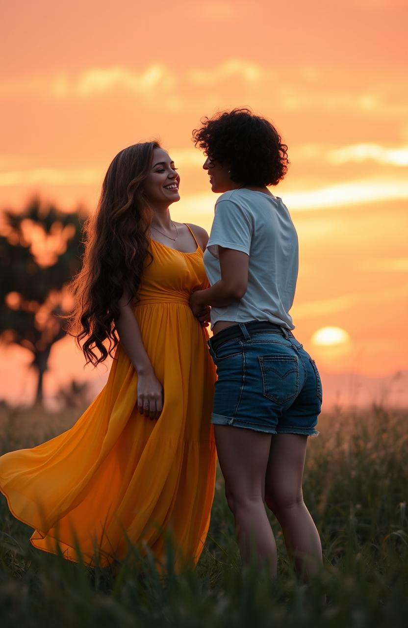 An artistic representation inspired by the themes of the book titled 'A Ti Que Fuiste Mi Luz', depicting two best friends standing together in a serene sunset backdrop