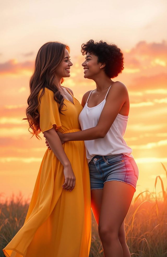 An artistic representation inspired by the themes of the book titled 'A Ti Que Fuiste Mi Luz', depicting two best friends standing together in a serene sunset backdrop