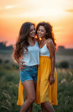 An artistic representation inspired by the themes of the book titled 'A Ti Que Fuiste Mi Luz', depicting two best friends standing together in a serene sunset backdrop