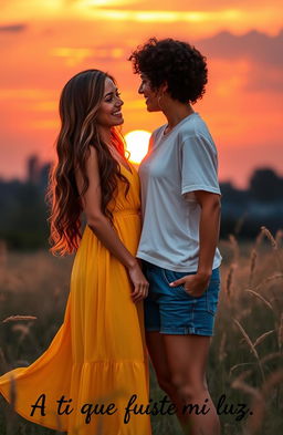 An artistic representation inspired by the themes of the book titled 'A Ti Que Fuiste Mi Luz', depicting two best friends standing together in a serene sunset backdrop