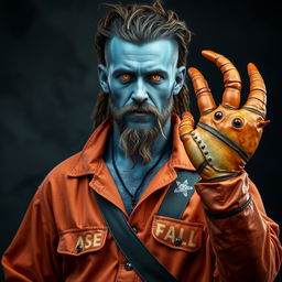 A pirate-looking man clad in an orange and grey prison jumpsuit, showcasing his distinctive blue-grey skin and hair that mimics the appearance of seaweed