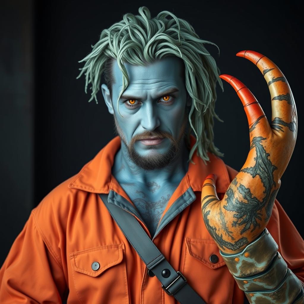 A pirate-looking man clad in an orange and grey prison jumpsuit, showcasing his distinctive blue-grey skin and hair that mimics the appearance of seaweed