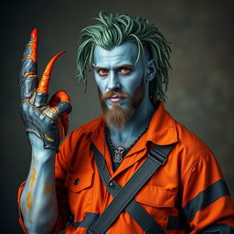 A pirate-looking man clad in an orange and grey prison jumpsuit, showcasing his distinctive blue-grey skin and hair that mimics the appearance of seaweed
