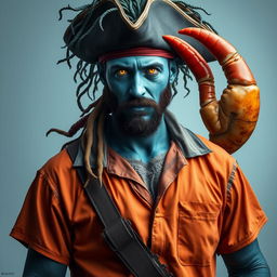 A pirate-looking man clad in an orange and grey prison jumpsuit, showcasing his distinctive blue-grey skin and hair that mimics the appearance of seaweed