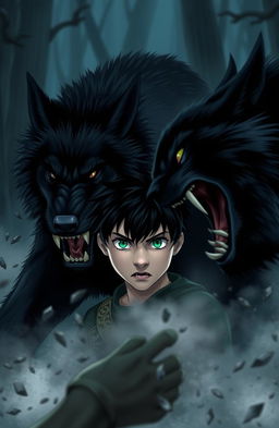 A dramatic scene featuring a young man with striking black hair and vibrant green eyes, standing bravely amidst chaos