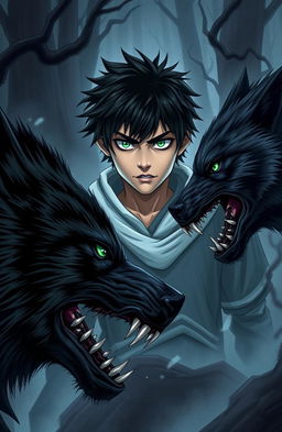 A dramatic scene featuring a young man with striking black hair and vibrant green eyes, standing bravely amidst chaos