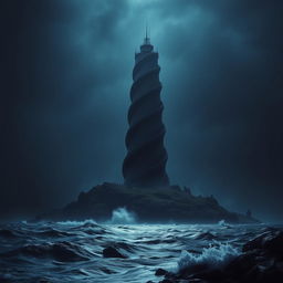 A massive black spiraling tower rising 2,000 feet high on a secluded island, exuding a menacing presence against the backdrop of a dark night sky