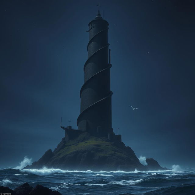 A massive black spiraling tower rising 2,000 feet high on a secluded island, exuding a menacing presence against the backdrop of a dark night sky