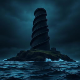 A massive black spiraling tower rising 2,000 feet high on a secluded island, exuding a menacing presence against the backdrop of a dark night sky