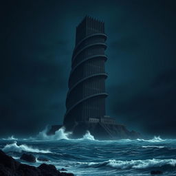 A massive black spiraling tower rising 2,000 feet high on a secluded island, exuding a menacing presence against the backdrop of a dark night sky