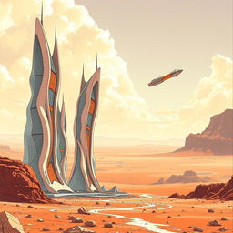 Futuristic parametric architecture sketched in a vibrant scene of towering skyscrapers situated in a vast desert landscape