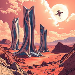 Futuristic parametric architecture sketched in a vibrant scene of towering skyscrapers situated in a vast desert landscape