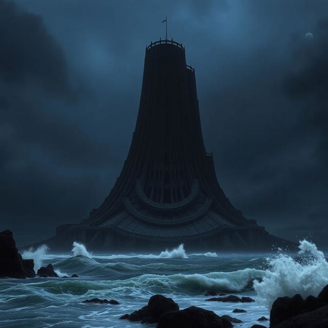 A massive black spiraling tower rising 10,000 feet high on a remote island, looming menacingly against the dark night sky